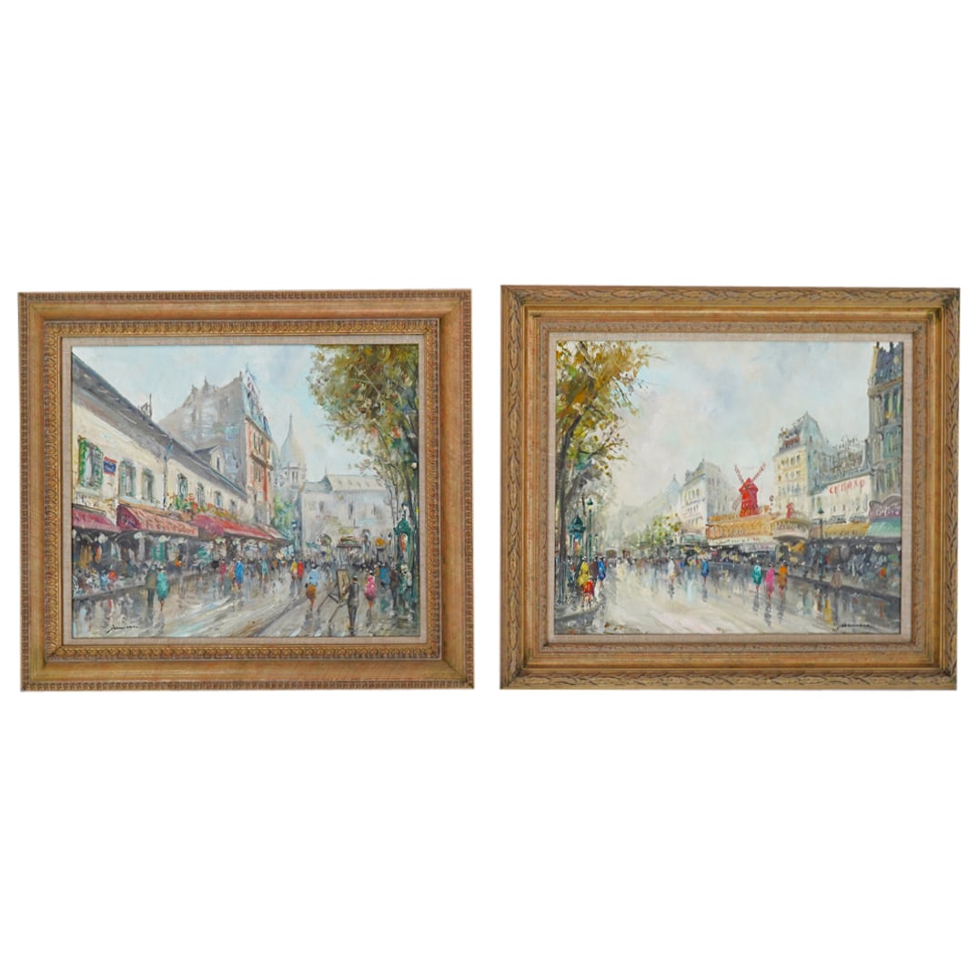 (2 Pc) Signed Hermione (French, 20th Cent.) Parisian Street Scenes Oil Paintings (1 of 9)