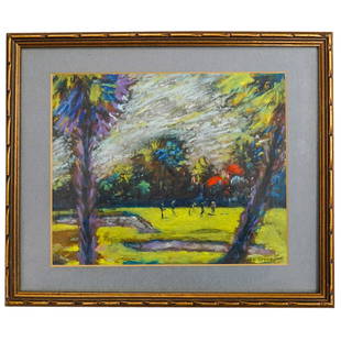 Albert Van Nesse Greene (American, 1887-1971) Pastel On Paper: DESCRIPTION: Albert Van Nesse Greene (American, 1887-1971) Pastel on paper painting depicting a group of figures on a golf course, with palm trees in the foreground. Signed "A. V. Greene" at lower rig