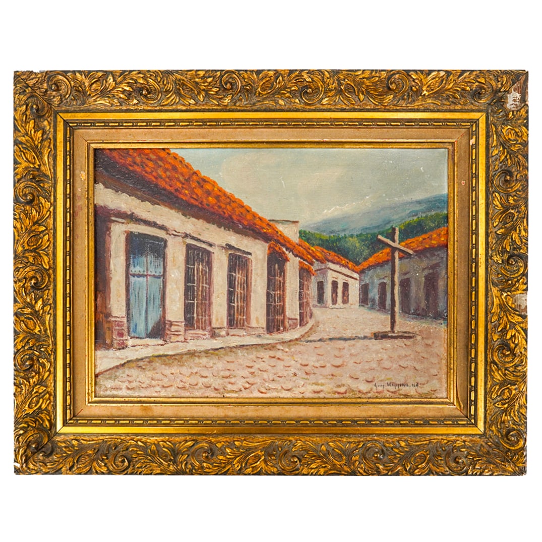 Attrib. Guy Carleton Wiggins (American, 1883-1962) Oil On Panel: DESCRIPTION: Oil on panel painting attributed to Guy Carleton Wiggins (American, 1883 - 1962) depicting a street and with a cross at right. "Guy Wiggins, NA" at lower right. "Evangelina Blanco" in pen