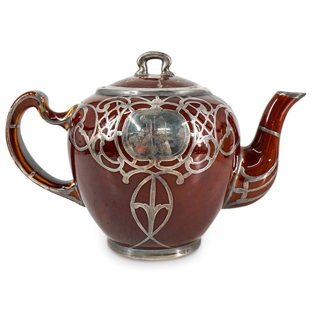 Art Nouveau American Sterling Silver Overlay Ceramic Teapot (1 of 8)