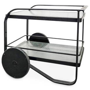 Brown Jordan Patio Bar Cart Designed By Richard Frinier: DESCRIPTION: Brown Jordan Patio Bar Cart Designed By Richard Frinier features two tiers of textured glass and metal railing, completed with oversize wheels. Stickered "Brown Jordan". CIRCA: Late 20th