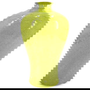 Antique Chinese Lime Green Crackle Glaze Plum Vase: DESCRIPTION: Antique meiping ("plum vase") coated in a lime green crackle glaze on its exterior and an off-white crackle glaze in its interior. CIRCA: 19th to early 20th Century ORIGIN: China