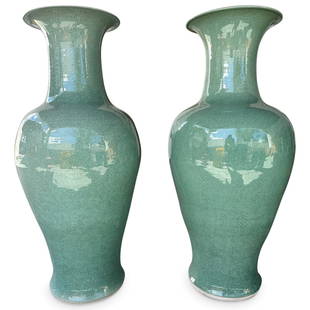 Pair Monumental Chinese Porcelain Monochrome Crackle Glazed Baluster Vases: DESCRIPTION: Pair of monumental Chinese porcelain monochrome baluster vases, each featuring crackle glaze. CIRCA: Late 20th - Early 21st Century ORIGIN: Chinese DIMENSIONS: H: 48.75-49" Diameter: 20.5