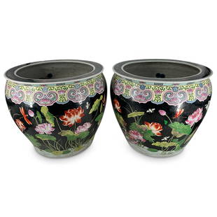 Pair Chinese Famille Noire Porcelain Fish Bowls: DESCRIPTION: Pair of Chinese famille noire porcelain fish bowls featuring floral, foliage, bird, insect, and fish motifs. CIRCA: Late 20th - Early 21st Century ORIGIN: Chinese DIMENSIONS: H: 16" Diame