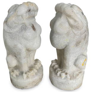 Pair Of Antique Chinese Marble Guardian Lions: DESCRIPTION: Two matching guardian lions crafted from marble, each standing at attention on a cylindrical base. CIRCA: Late 19th to early 20th Century ORIGIN: China DIMENSIONS: H: 9.75" D: 4.5" CONDIT