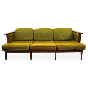 Heywood Wakefield Mid Century Modern Sofa: DESCRIPTION: Heywood Wakefield mid-century modern sofa featuring original upholstery. CIRCA: Mid 20th Century ORIGIN: American DIMENSIONS: H: 28.25" L: 75" Depth: 32.5" CONDITION: An area of heavy fra