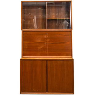 Poul Hundevad Attrib. Mid Century Teak Wall Unit: DESCRIPTION:Poul Hundevad attributed, Mid Century teak wall unit comprised of (46) total pieces with a sliding glass panel display case, locking, drop front cabinet, and double door storage cabinet.