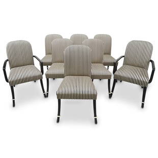 (8 Pc) Designer Upholstered Wood Chairs: DESCRIPTION: (8 Pc) Designer Upholstered Wood Chairs Two with arms Stripped CIRCA: Late 20th Cent. ORIGIN: USA DIMENSIONS: Armchair H: 37" w: 24" Seat Depth: 17.5" Armless: H: 37" W: 21" Depth: