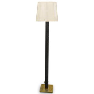 Karl Springer Attrib. Brass & Crocodile Floor Lamp: DESCRIPTION: Karl Springer attributed floor lamp with brass foundation and faux crocodile leather wrapped support, completed with silk shade. CIRCA: 1970s ORIGIN: USA DIMENSIONS: (Overall) H: 59.5" x