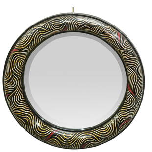 Karl Springer Attrib. Wall Mirror: DESCRIPTION: A large Karl Springer attributed wall mirror with round form, designed with abstract engraved swirling details, and finished with black, silver, and red lacquers. CIRCA: Mid to late 20th