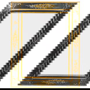 Vintage Chinoiserie Lacquered Wood Mirror: DESCRIPTION: A vintage wall mirror with wood foundation and rectangular form, features black and gilt lacquers with figural and floral chinoiserie details. CIRCA: Mid - Late 20th Cent. ORIGIN: