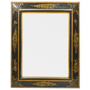 Vintage Chinoiserie Lacquered Wood Mirror: DESCRIPTION: A vintage wall mirror with wood foundation and rectangular form, features black and gilt lacquers with figural and floral chinoiserie details. CIRCA: Mid - Late 20th Cent. ORIGIN: