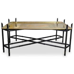 Large Ebonized Bamboo German Copper Tray Table: DESCRIPTION: Large coffee table with ebonized faux bamboo base fitted with an antique German copper tray. Tray designed with two ornate handles and delicate rounded edge form, stamped: "Made In