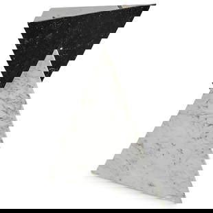 Modernist Tone Marble Triangular Pyramidal Pedestal: DESCRIPTION: two tone marble triangular pyramidal pedestal. Designed with two attached variegated marble pyramids in white and black colors. CIRCA: Mid 20th Century ORIGIN: Italy DIMENSIONS: H: 29"