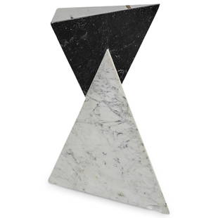 Modernist Tone Marble Triangular Pyramidal Pedestal: DESCRIPTION: two tone marble triangular pyramidal pedestal. Designed with two attached variegated marble pyramids in white and black colors. CIRCA: Mid 20th Century ORIGIN: Italy DIMENSIONS: H: 29"