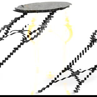 Portoro Marble & Wrought Iron Side Table: DESCRIPTION: Wrought iron side table or occasional table featuring Portoro marble top, partially twisted legs, hoof-form metal feet, and figural metal ornaments. CIRCA: 20th Century ORIGIN: Unknown