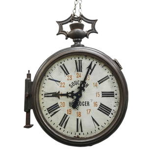 Large Antique Industrial Train Station Clock (Souchons Horloger): DESCRIPTION: A large train station clock with industrial cast iron case and domed glass covered, double face design. Designed with white enameled dials, black roman numerals surrounded inner red Arabi