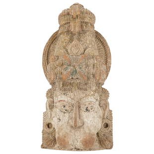 Large Antique Carved Wood Hanuman Sculpture: DESCRIPTION: Large antique South Asian or Southeast Asian polychrome carved wooden architectural sculpture depicting the head of Hanuman. CIRCA: 19th Century ORIGIN: South / Southeast Asian