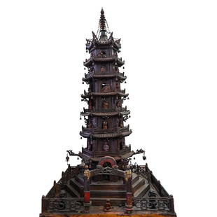 Monumental Chinese Carved Wood Pagoda: DESCRIPTION: Monumental Chinese carved wooden sculpture of a pagoda featuring various carved (probably later) figures and beasts. CIRCA: 20th century ORIGIN: Chinese DIMENSIONS: H: 63" W: 32" L: