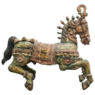 Antique Indian Carved Wooden Horse Sculpture: DESCRIPTION: Antique Indian carved wood sculpture depicting a horse. CIRCA: Late 19th - Early 20th Century ORIGIN: Indian DIMENSIONS: H: 34.5" W: 9.5" L: 39" CONDITION: Repair to crest. Another repair