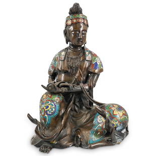 Antique Chinese Qing Dynasty Cloisonne Bronze Bodhisattva: DESCRIPTION: Antique Qing dynasty bronze bodhisattva seated in the posture of royal ease while bearing a scroll in his left hand and making a variation of the gesture of royal ease with each hand.