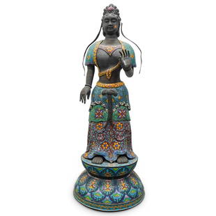 Large 19th Century Chinese Cloisonne Bodhisattva: DESCRIPTION: Antique cloisonne and bronze sculpture depicting a bodhisattva standing on a double lotus throne while making the refuge-granting gesture. Figure wears clothing decorated with cloisonne f