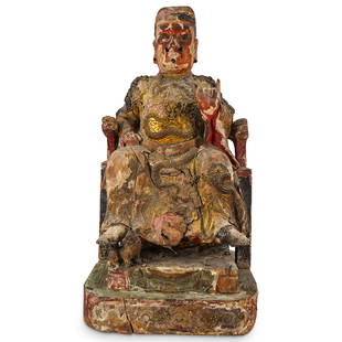 Antique Polychrome Carved Wood Buddha: DESCRIPTION: Antique Chinese polychrome carved wood, seated buddha with genuine facial hair features. The throne is decorated with a black lacquered finish and retains some of the original gilt