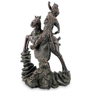 Large Antique Chinese Wooden Guan Yu Sculpture: DESCRIPTION: Large antique Chinese carved wooden sculpture depicting Guan Yu riding a horse (possibly "Red Hare"), with one figure standing above him and another below. CIRCA: 19th Century ORIGIN: