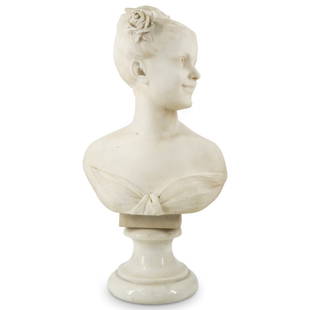 Antique Italian Alabaster Maiden Bust: DESCRIPTION: Alabaster sculpture depicting the bust of a maiden wearing a rose in her hair and smiling to her left. Mounted on a white marble base. CIRCA: Late 19th to early 20th Century ORIGIN: Italy