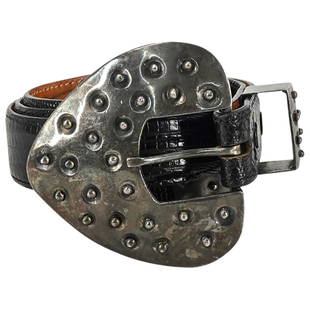 Designer Pat Areias Sterling Silver & Black Leather Belt: DESCRIPTION: Sterling Silver and black leather belt by Mexican designer Pat Areias. The sterling silver buckle is designed with a triangular form with accents depicting dots in semi relief. It is