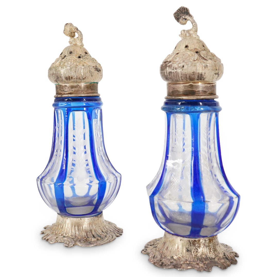 (2 Pc) Antique German Sterling Silver / Etched Glass Salt & Pepper Shakers (1 of 4)