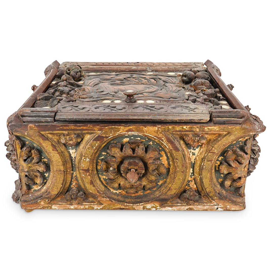 Antique Carved Wood And Mother Of Pearl Inset Cabinet Chest: DESCRIPTION: Carved wood chest composed of variously sourced components including sides decorated with high reliefs depicting flowers and garlands and a lid crafted as an exotic bird surrounded by hig