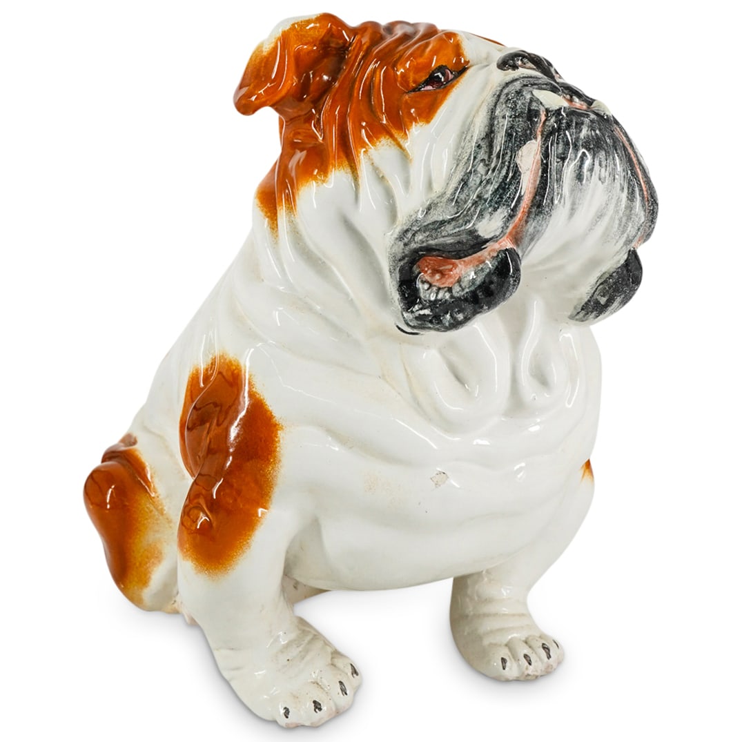 Vintage Lifesize Italian Majolica Porcelain Bulldog Sculpture: DESCRIPTION: Vintage mid century lifesize Italian Majolica porcelain bulldog sculpture, with hand painted realistic accents and high gloss finish. CIRCA: 20th Century ORIGIN: Italy DIMENSIONS: H: 13"