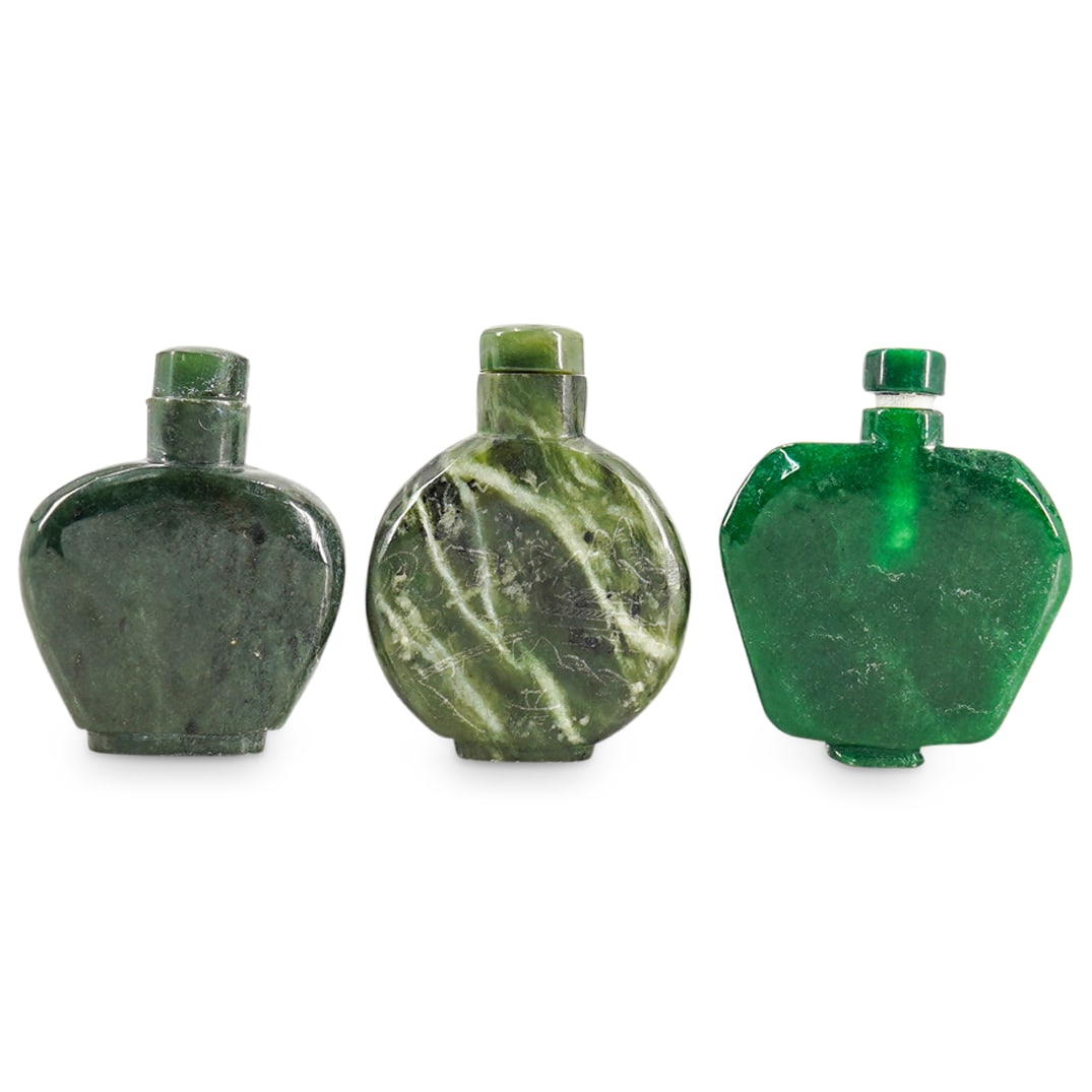 (3Pc) Chinese Carved Spinach Jade Snuff Bottles (1 of 7)