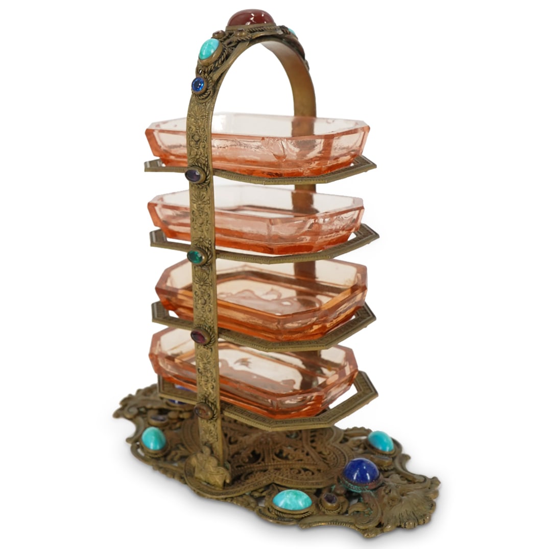 Czech Jeweled and Glass Vertical Salt Cellar Holder: DESCRIPTION: An antique Czech salt cellar holder crafted with a brass frame inset with Amber, Lapis and Turquoise, further featuring detailed raised rope and open work ornate designs, decorated with b