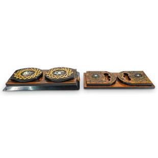 (2 Pc) 19th Century Betjemann's Self Closing Pietra Dura Bookends: DESCRIPTION: Two antique Betjemann's patented self-closing Gothic Revival bookends, each carved from wood and fitted on bookends proper with gilt bronze framed pietra dura flowers. Bronze components a