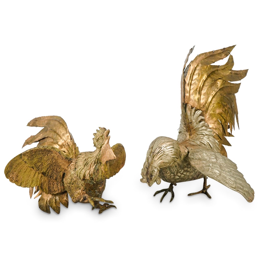 (2 Pc) Vintage Brass Fighting Cocks Figurine Statues (1 of 10)