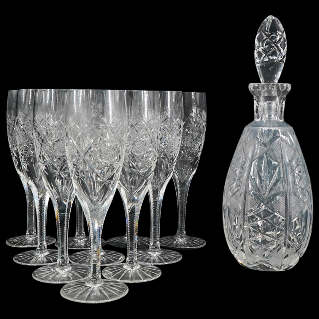 (11 Pc) Vintage Crystal Cut Glass Decanter & Champagne Flutes Stemware Set (1 of 8)