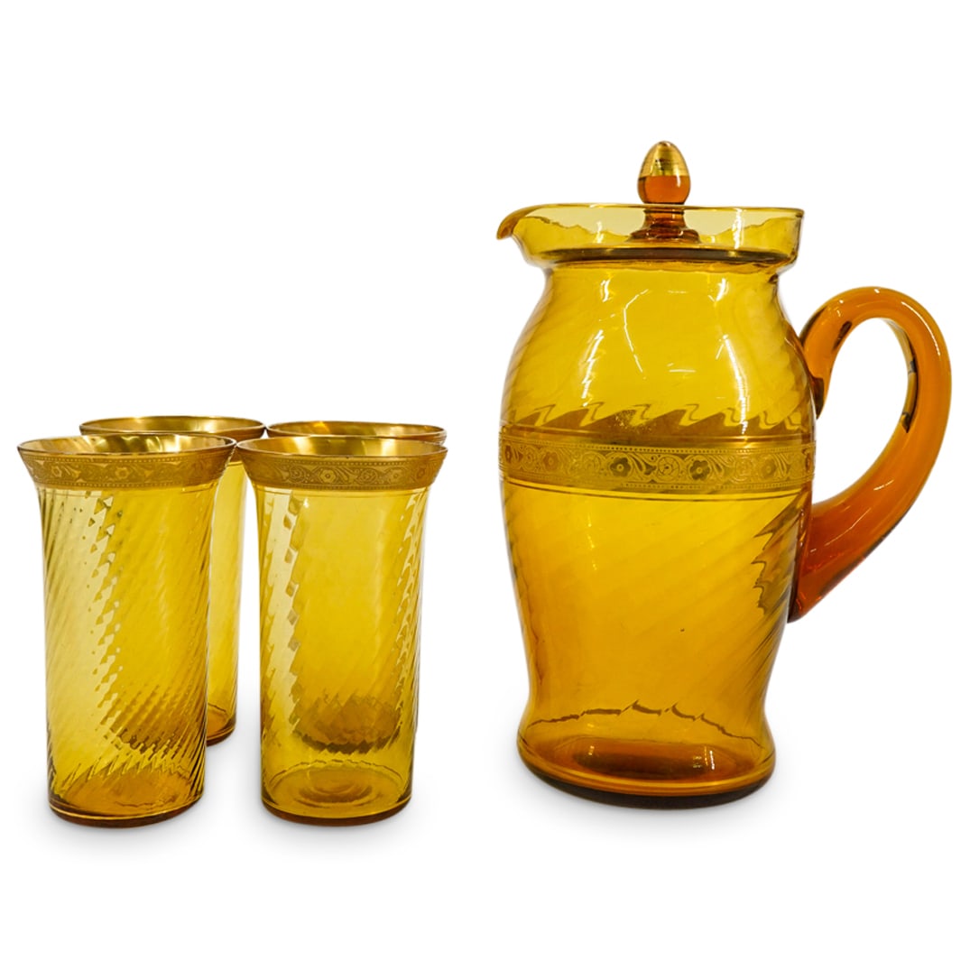 (5 Pc) Vintage Amber Glass Lidded Pitcher & Tumblers Set (1 of 13)