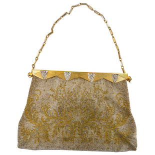 Vintage French Morabito Place Vendome Paris Micro Beaded Evening Bag: DESCRIPTION: Vintage French micro beaded purse Morabito handbag. Designed with gold and silver beads, and intricate micro beaded design, with beige silk lining and gold tone chain strap. With Morabito