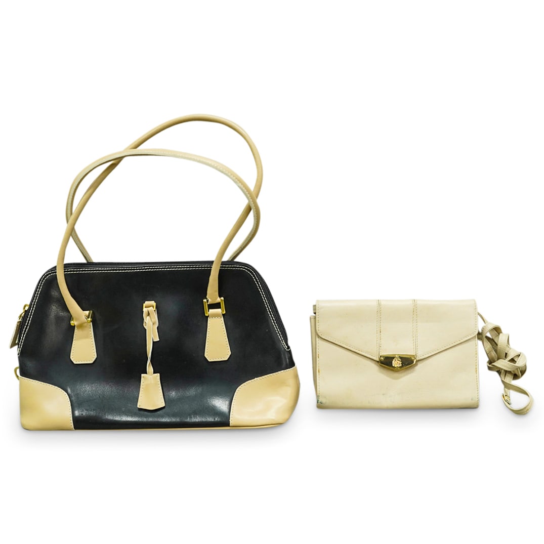 (2 Pc) Mark Cross & Giudit Designer Ladies Bags: DESCRIPTION: (2 Pc) Designer Ladies Bags By Mark Cross & Giudit. (1 Pc) Vintage duo ton? shoulder bag, in black and beige leather, by Giudit. Firenze, Italy. (1 Pc) Vintage Mark Cross beige leather wa