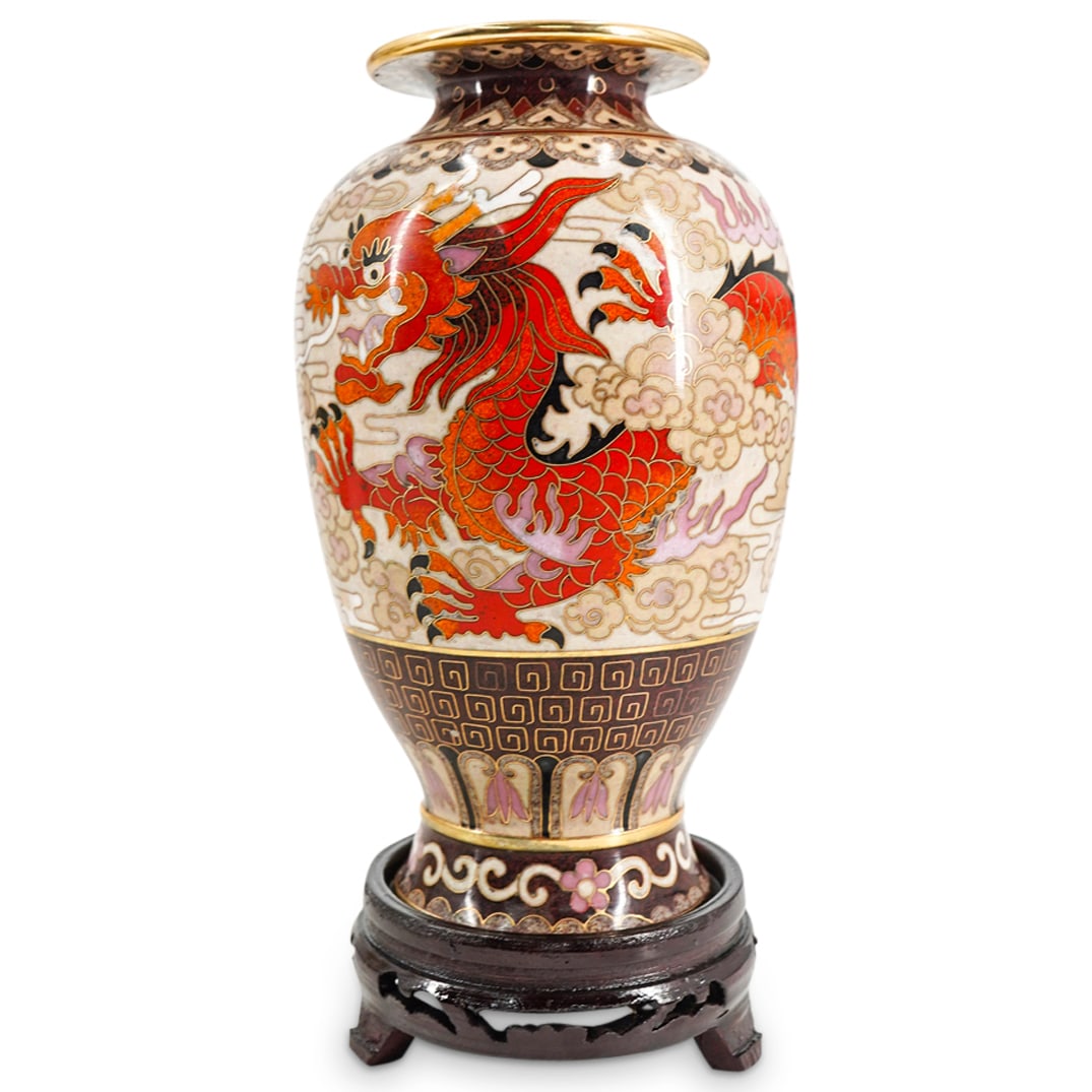 Chinese Cloisonne Dragon Vase: DESCRIPTION: Chinese cloisonne vase featuring a light beige ground color, decorated with a Chinese dragon motif depicted chasing a flaming pearl, which is known as the "flaming pearl of wisdom" or "dr