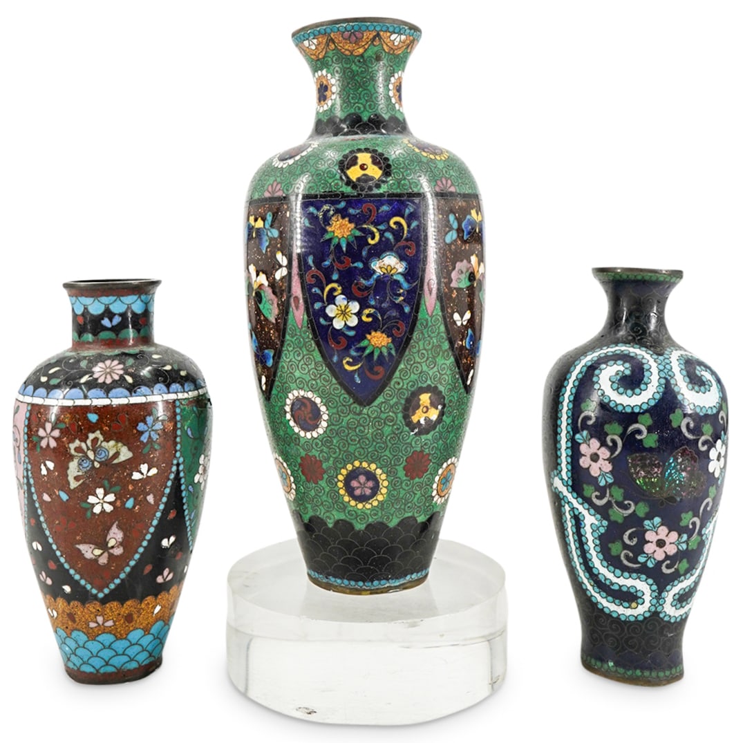 (3 Pc) Japanese Cloisonne Butterfly Vases (1 of 11)