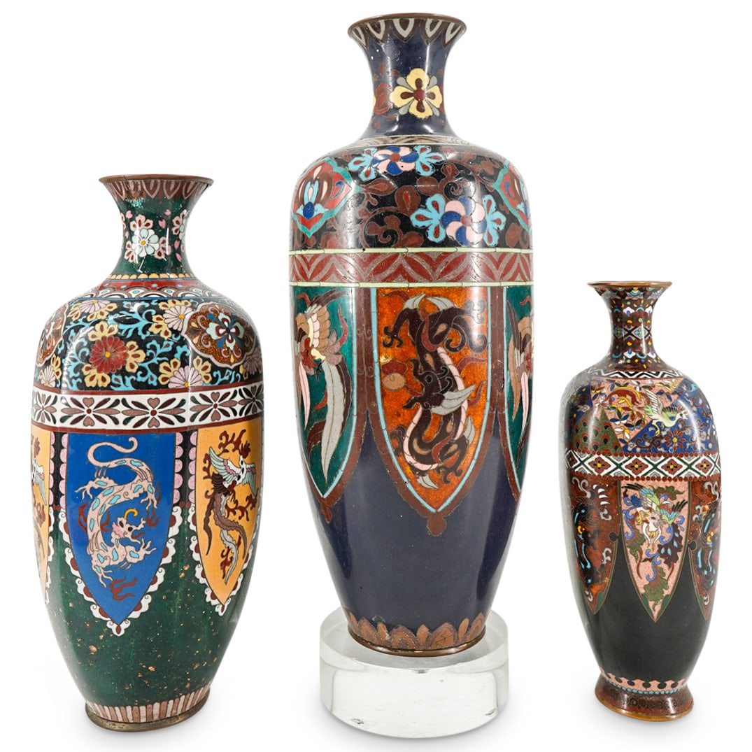 (3 Pc) Japanese Cloisonne Vases (1 of 16)