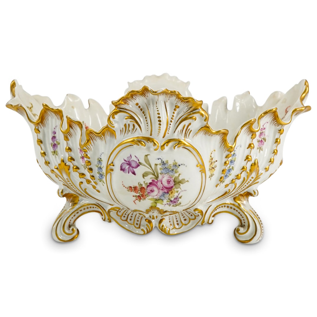 Antique German Schlesische Porzellanfabrik Porcelain Centerpiece: DESCRIPTION: Schlesische Porzellanfabrik antique German porcelain centerpiece in white glazed porcelain embellished with painted floral polychrome motifs and gilt accents. With hallmark on the undersi