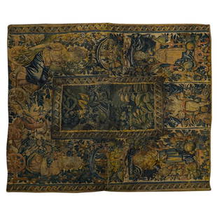 Antique French Woven Tapestry: DESCRIPTION: Antique French polychrome woven wool tapestry (possibly a converted rug) featuring figural and animal motifs. CIRCA: 18th Century ORIGIN: French DIMENSIONS: (Laid flat) H: 69.5" W: 57.5"