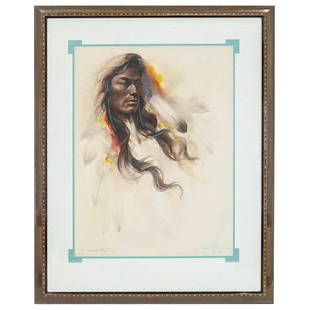 Signed Ozz Franca (Brazil, 1928) Native American Portrait Limited Edition Print: DESCRIPTION: Signed Native American Male portrait limited edition print by Ozz Franca. Limited Edition numbered 630/950. With glass and brown lacquered frame. Ozz (1928-1991) was a prolific Sao Paulo