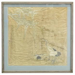 Antique Chinese Cranes Silk Embroidery: DESCRIPTION: Antique silk embroidery depicting three cranes beneath branches festooned with flowers and foliage. Mounted in a wooden frame. CIRCA: 19th to early 20th Century ORIGIN: China DIMENSIONS: