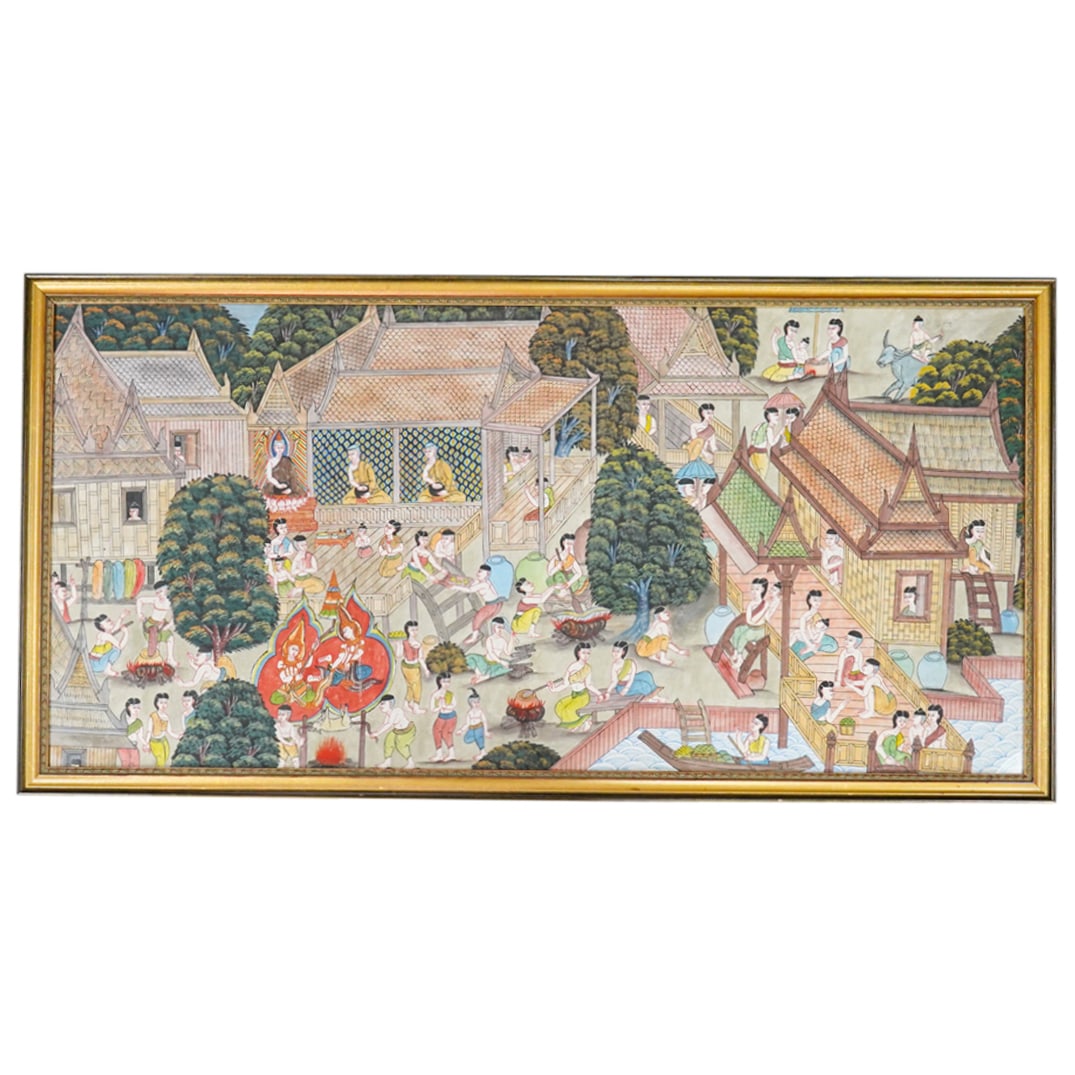 Large Vintage Siamese / Burmese Buddhist Temple Painting On Fabric (1 of 5)