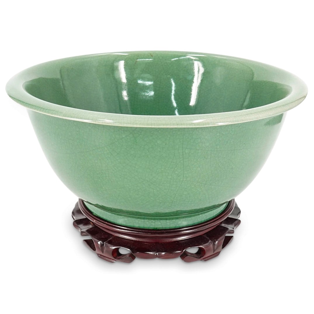 Chinese Large Crackle Green Porcelain Bonsai Planter Circular Bowl W/ Stand (1 of 6)